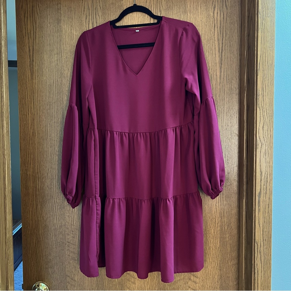 Unknown Brand Maroon Puff Sleeve Tiered Dress, Holiday Dress, Size Small